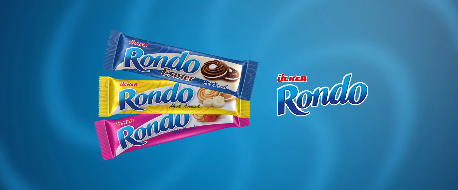 Ülker Rondo afişi: mavi zeminde üç çeşit Rondo ve Rondo logosu.