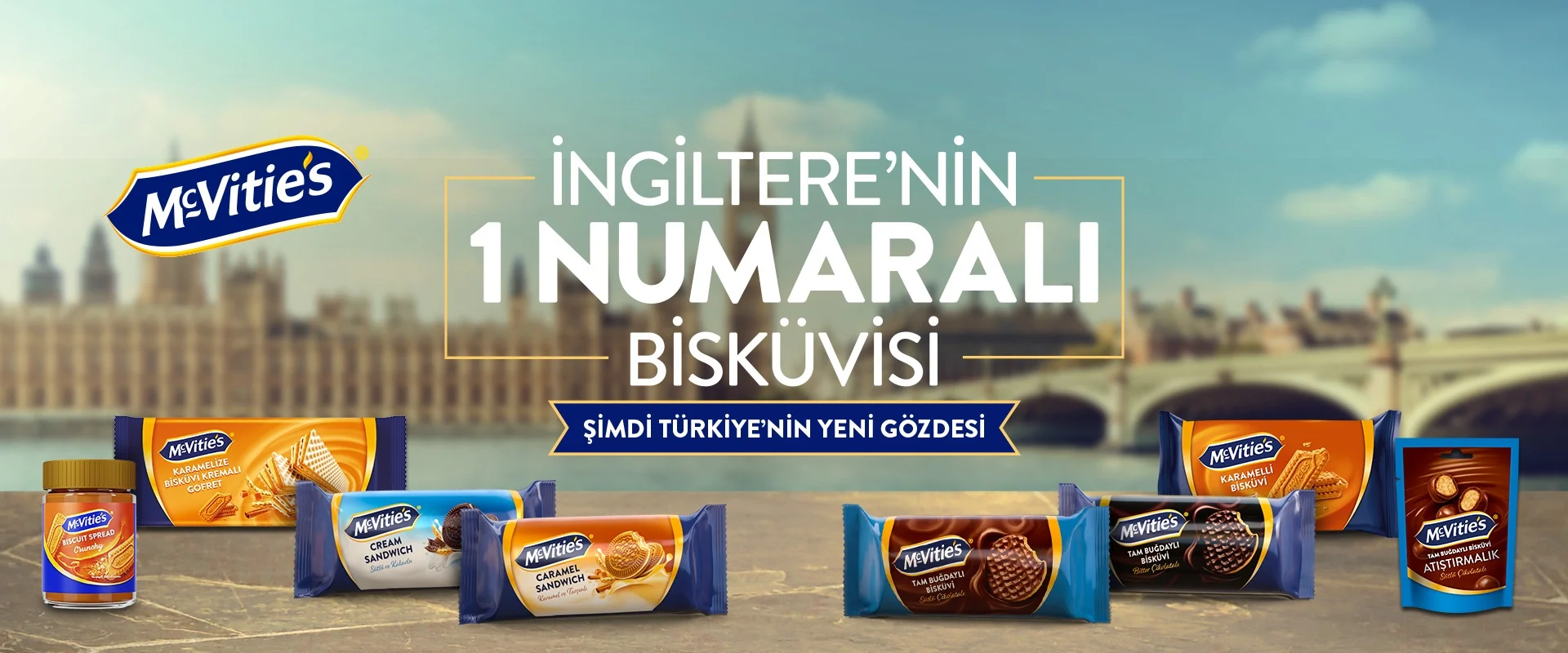 McVitie’s afişi: “İngiltere’nin 1 numaralı bisküvisi, şimdi Türkiye’nin yeni gözdesi” yazısı ve McVitie’s ürünleri.
