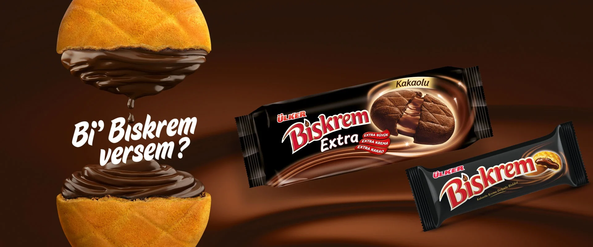 Ülker Bişkrem afişi: “Bi’ Bişkrem versem?” yazısı ve Bişkrem Extra paketleri.