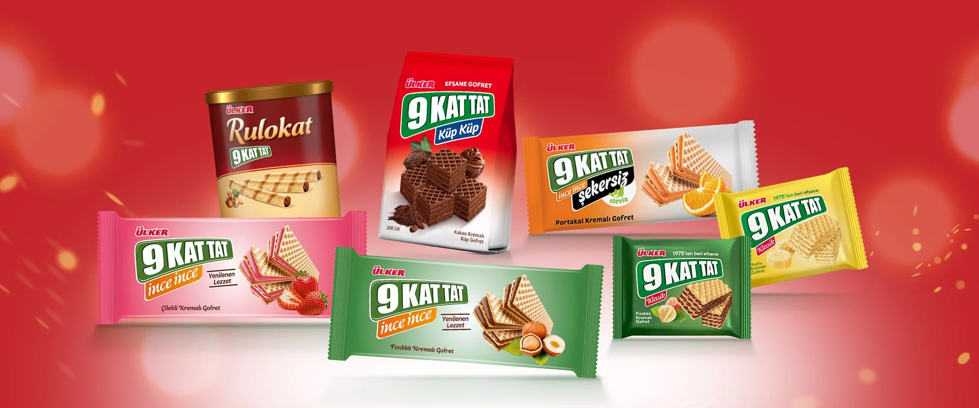Ülker 9 Kat Tat afişi: kırmızı zeminde 9 Kat Tat gofret ve Rulokat ürünleri.